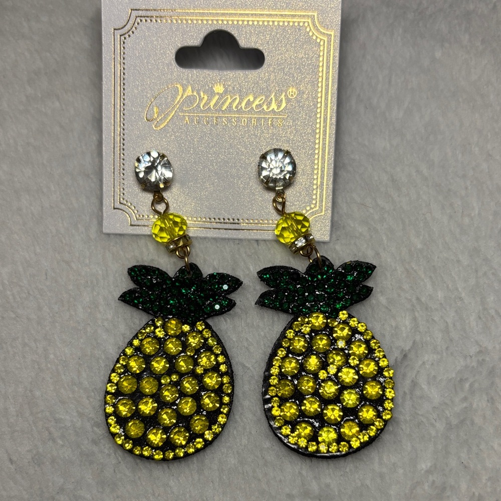 5/$25 Deal! Prince Glittering Pineapple Earrings - Yellow and Green